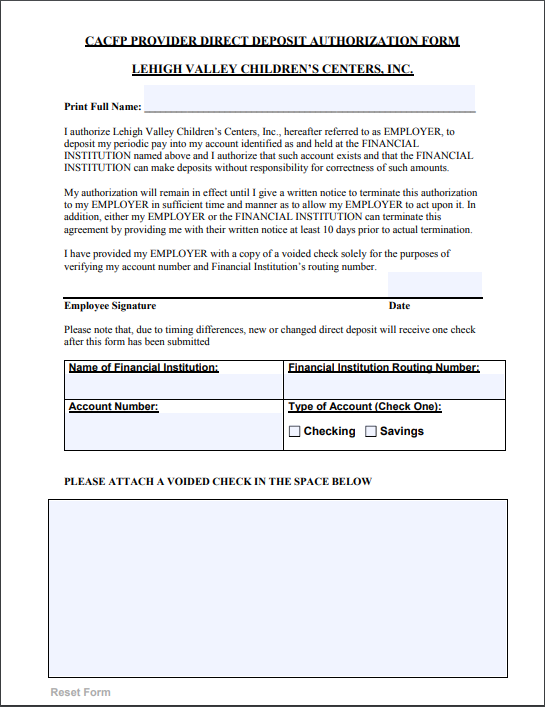 LVCC - CACFP - Provider Direct Deposit Authorization Form - English