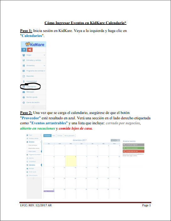 LVCC - CACFP - Tutorials - How to Enter Events into KidKare - Spanish