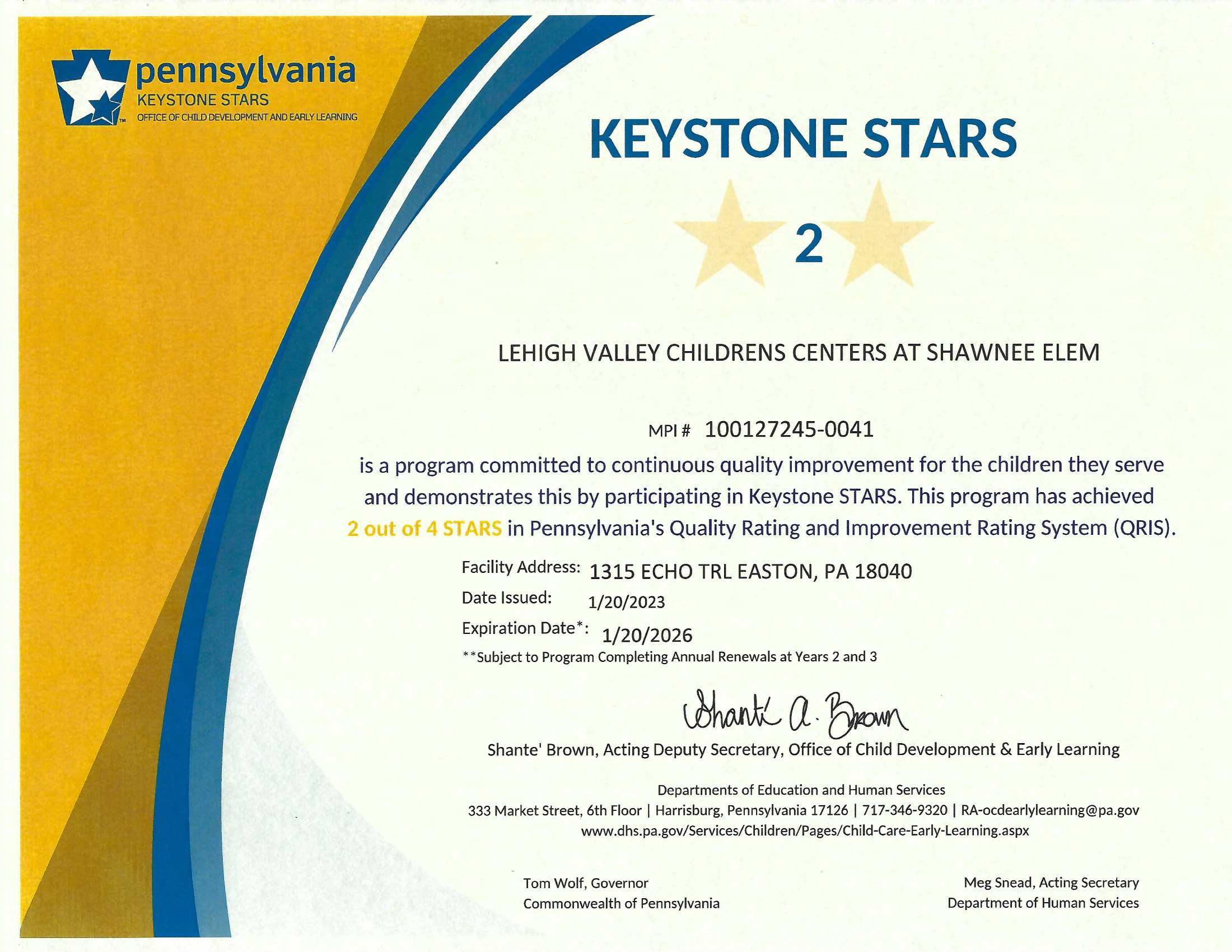 LVCC - Shawnee School - Keystone Stars Ranking - Easton, PA